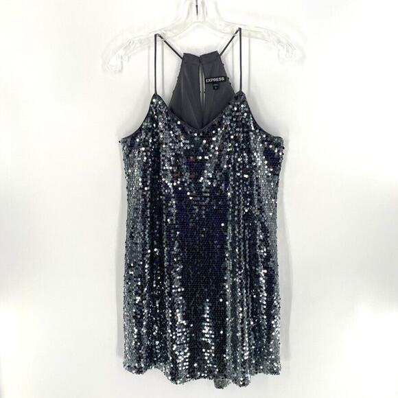 Express Mini Dress Sequin Sz S Metallic Silver Spaghetti Strap Racer Back Party - Picture 7 of 13